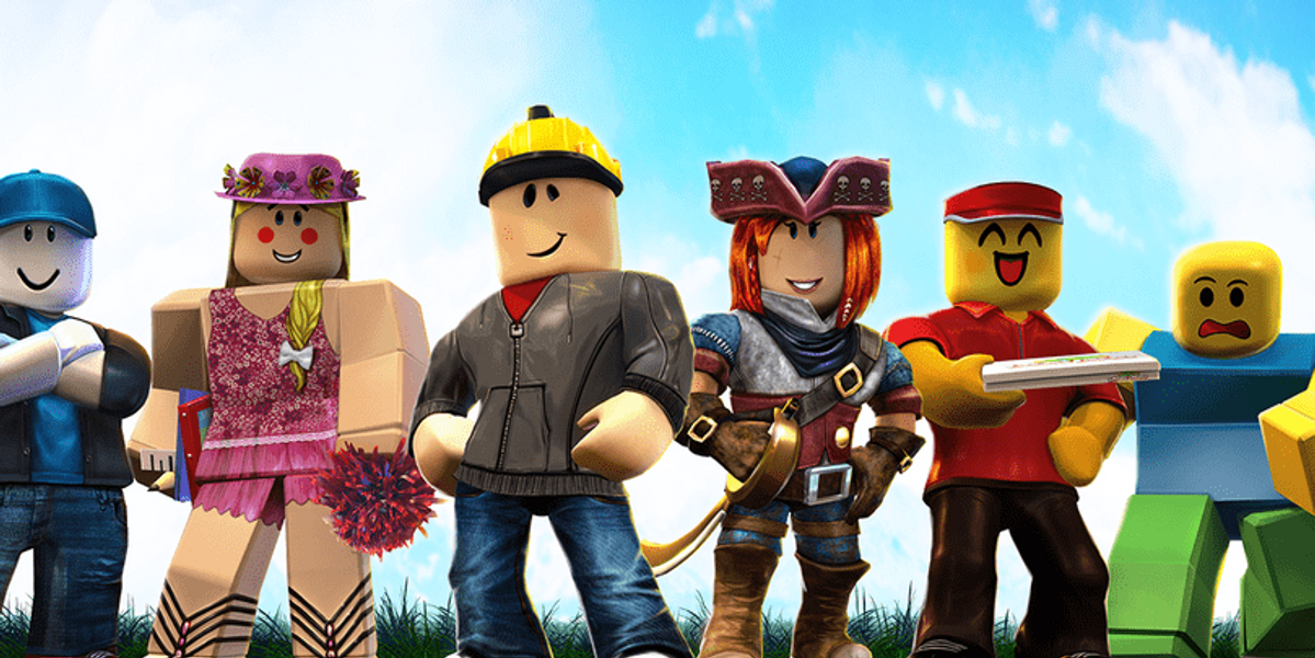 Six Roblox characters standing in a row.