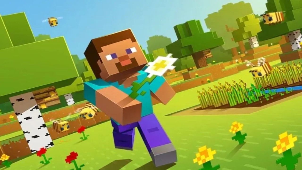 Minecraft character running with flower
