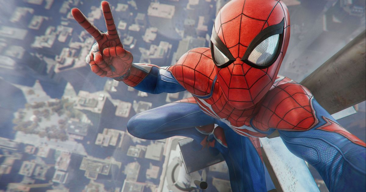 Spider-Man taking a selfie from atop a high building