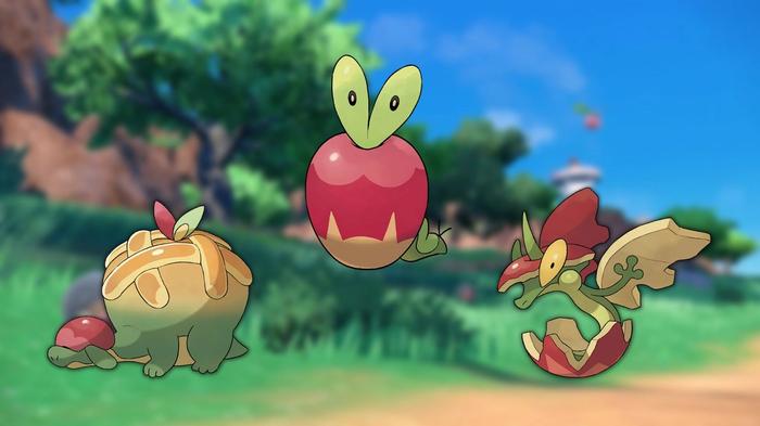 The Pokemon Applin and its evolutions stood on a grassy hill