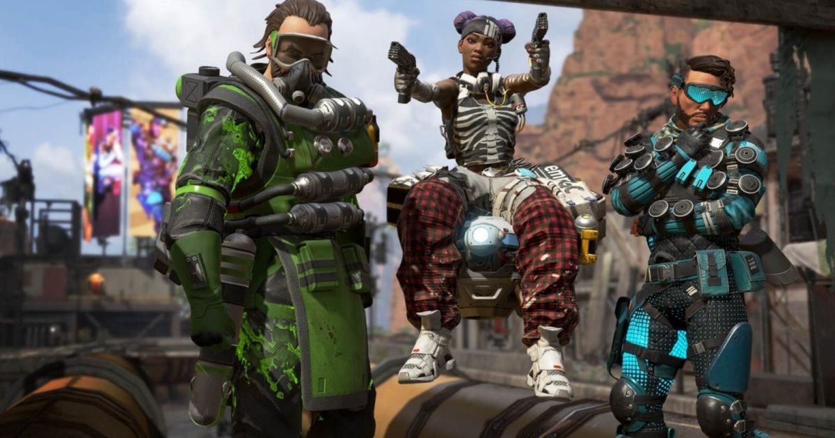 Apex Legends Caustic Lifeline and Mirage in craftable skins. From left to right it's Caustic, Lifeline and Mirage. 