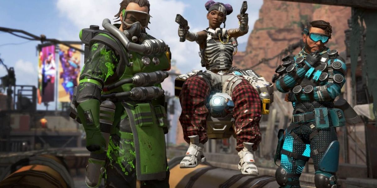 Apex Legends Caustic Lifeline and Mirage in craftable skins. From left to right it's Caustic, Lifeline and Mirage. 