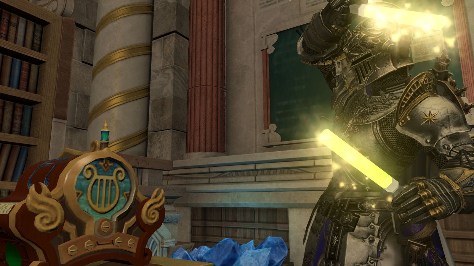A picture of a knight from Final Fantasy XIV happily waving glowsticks in front of his orchestrion roll list.
