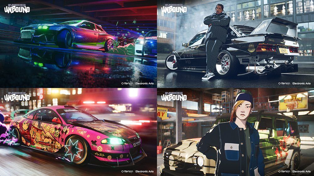 Picture of multiple cars and art styles for Need for Speed Unbound