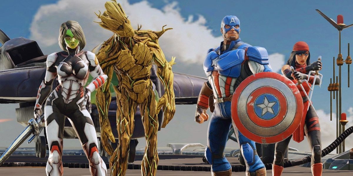 Image of Gamora, Groot, Captain America, and Elektra in Marvel Strike Force.