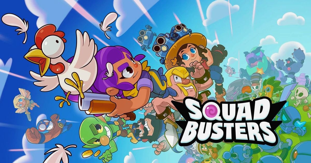 Squad Busters characters group shot with them all chasing a chicken.