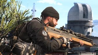 Modern Warfare 2 player holding sniper rifle with Zaya Observatory in background