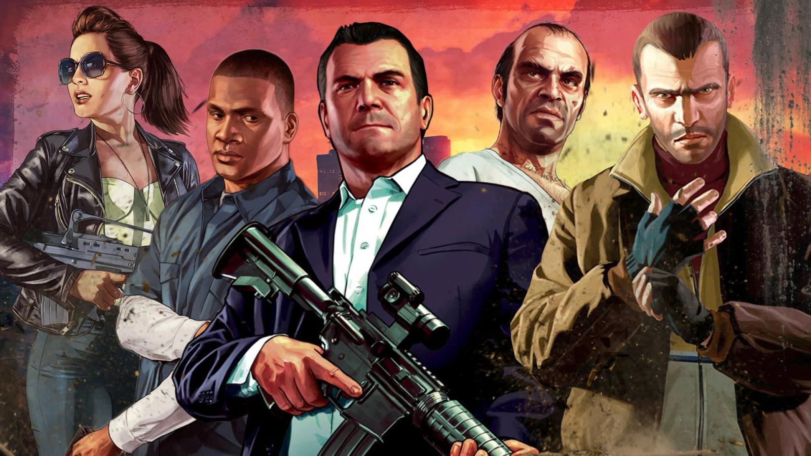 Three 3D characters holding guns and the other one is money - GTA Online Protagonists