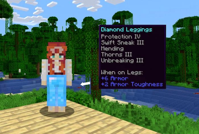 A Minecraft player is stood in front of a forest and river. They are wearing an enchanted pair of leggings.