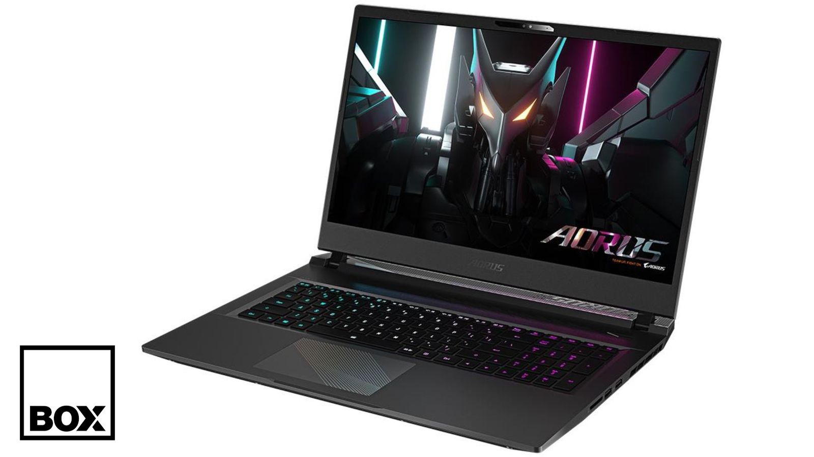 The Gigabyte Aorus 17 gaming laptop with the Aorus mechanical logo on screen and Box.co.uk logo in the bottom right