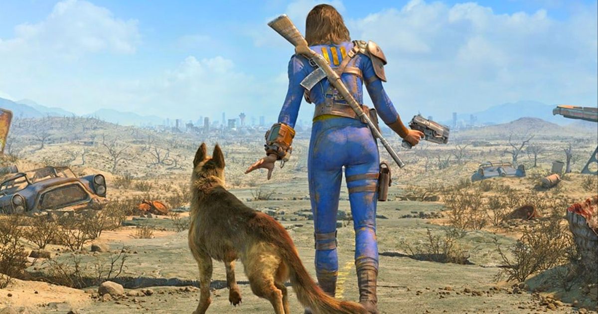 Fallout 4 protagonist walking a desolated road with a dog nearby