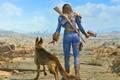 Fallout 4 protagonist walking a desolated road with a dog nearby