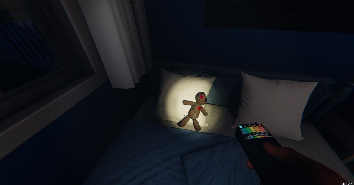 A player holding an EMF Reader faces the Tortured Voodoo Doll in a bedroom of a house in Phasmophobia.