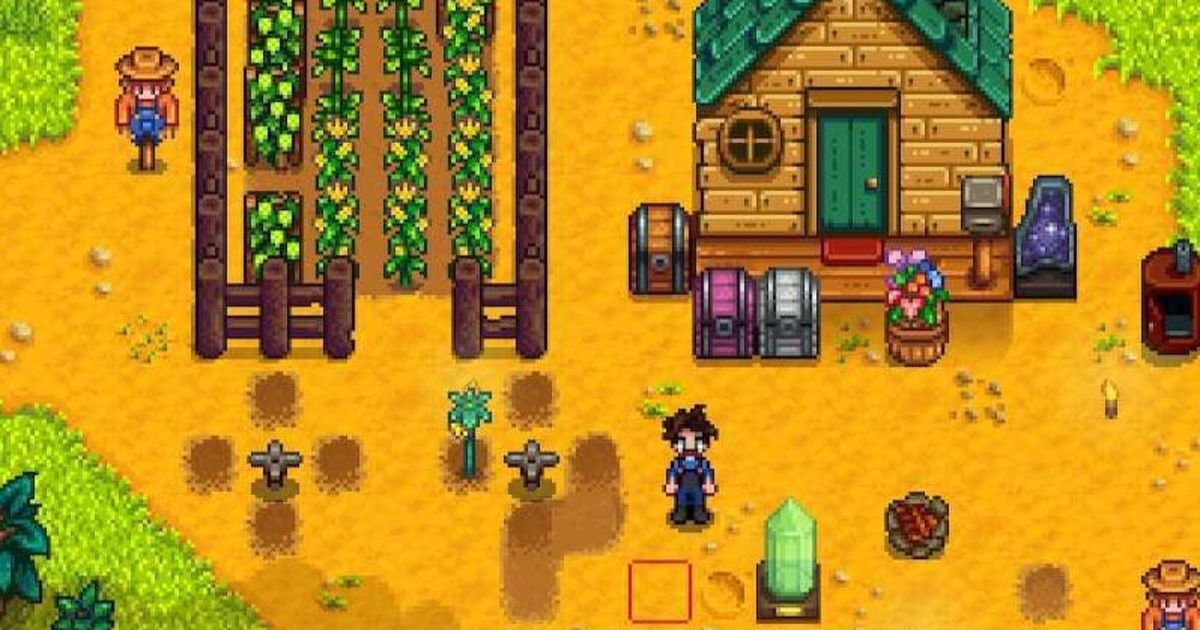 A player stands outside of their home on their farm in Stardew Valley.