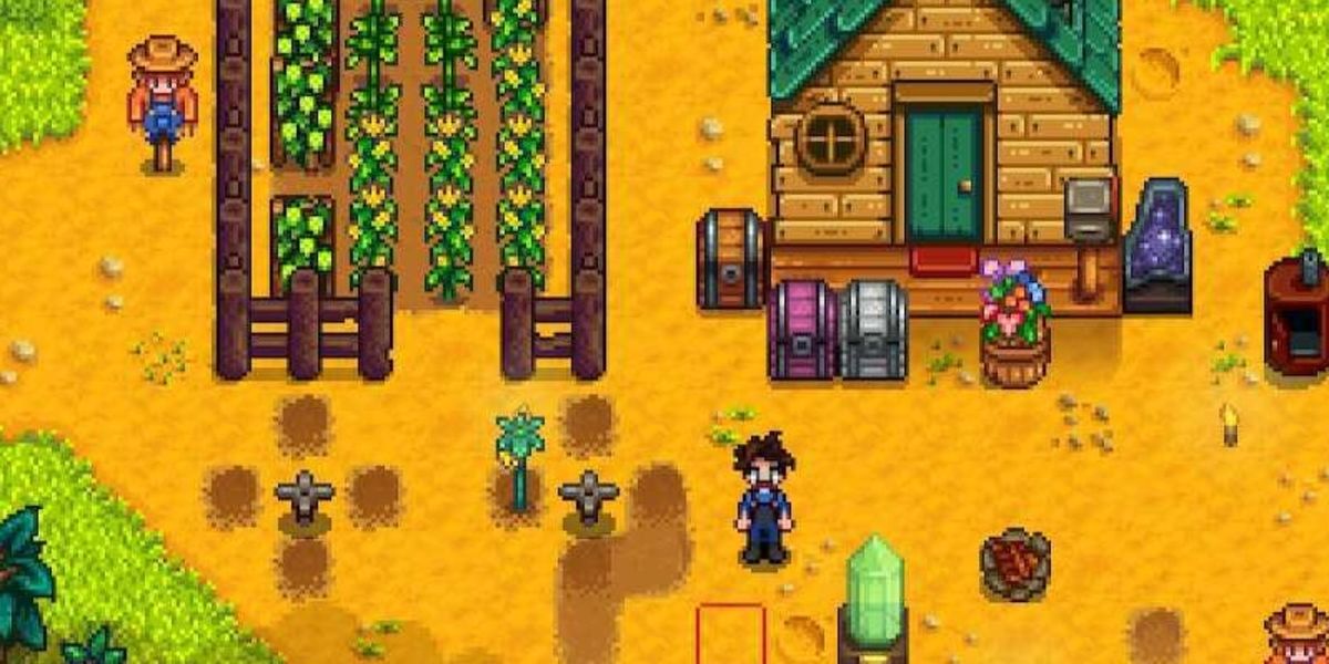 Stardew Valley. The player is standing in front of a house on their farm. There are crops in the upper left of the screen and a crystal in front of the player in the middle. 