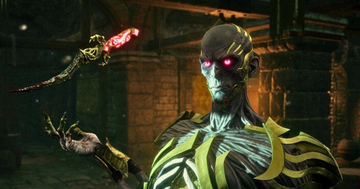 Vecna in Dead by Daylight. He wields a floating knife and looks ominously ahead with his purple eyes.