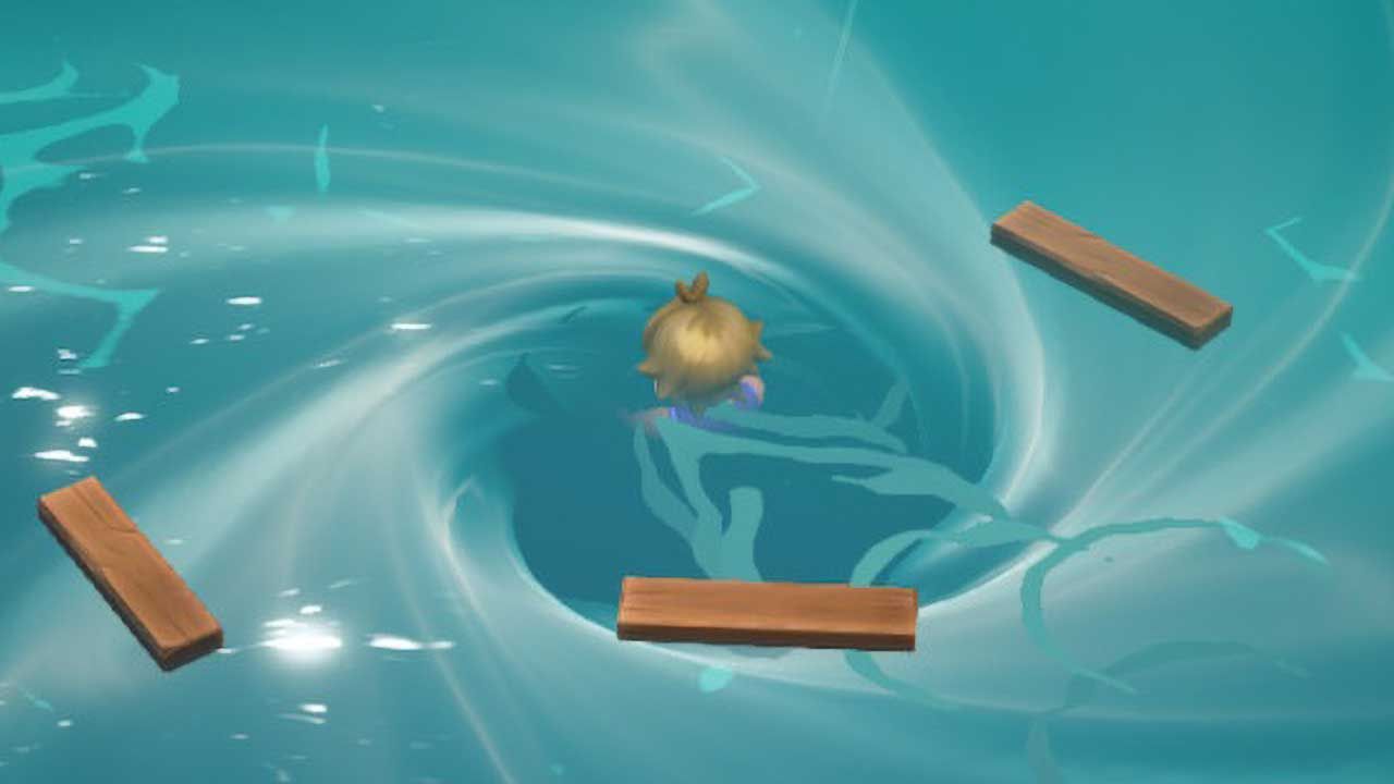 A whirlpool catching the player in Fae Farm.