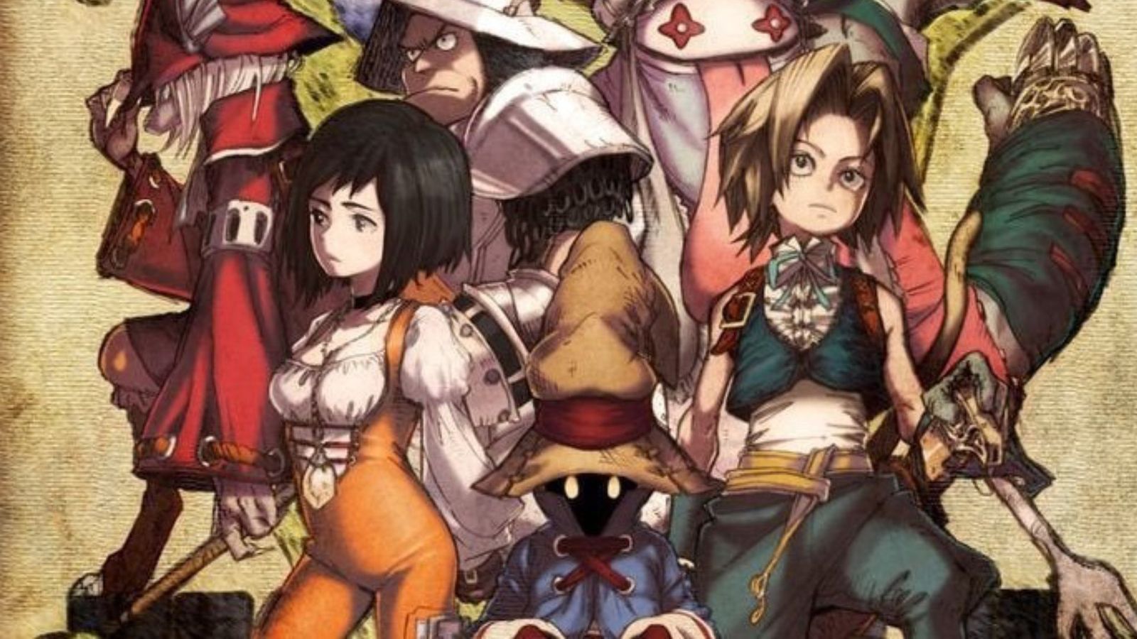 The cast of Final Fantasy 9 all bunched together in a group photo 