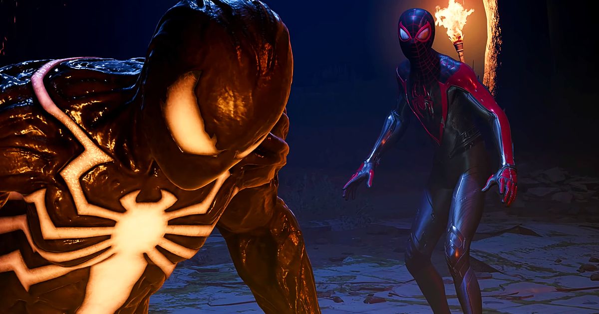 Symbiote Peter Parker (left) and Miles Morales spider-man (right) lit by torches