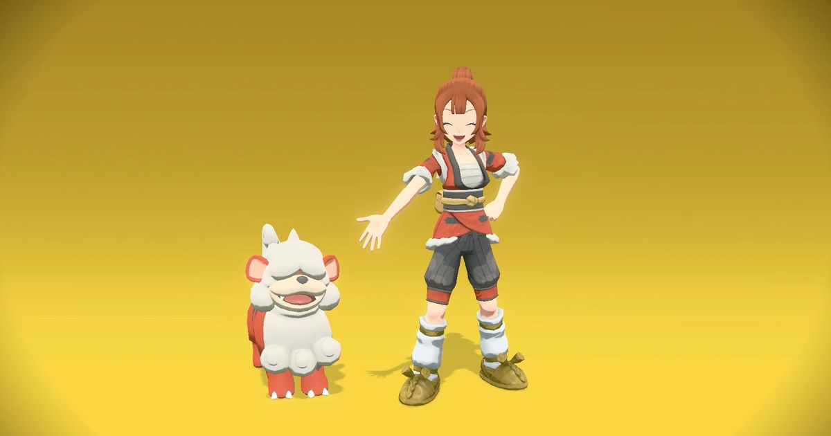 A Pokemon Trainer with their Hisuian Growlithe, in their Hisuian Growlithe Kimono set, in Pokémon Legends: Arceus.