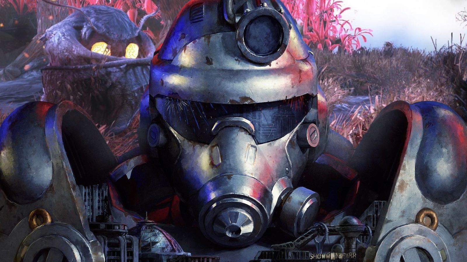 Fallout 76 Atlantic City power armour next to moth man 