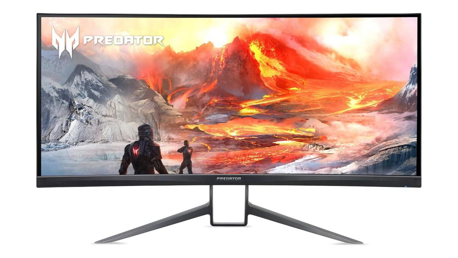 Acer Predator X35 product image of an ultrawide gaming monitor featuring an erupting volcano on the display.
