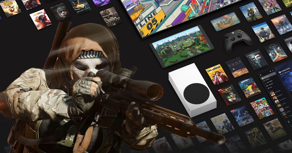 Call of Duty player aiming down sights of rifle with Xbox Game Pass games and consoles in background