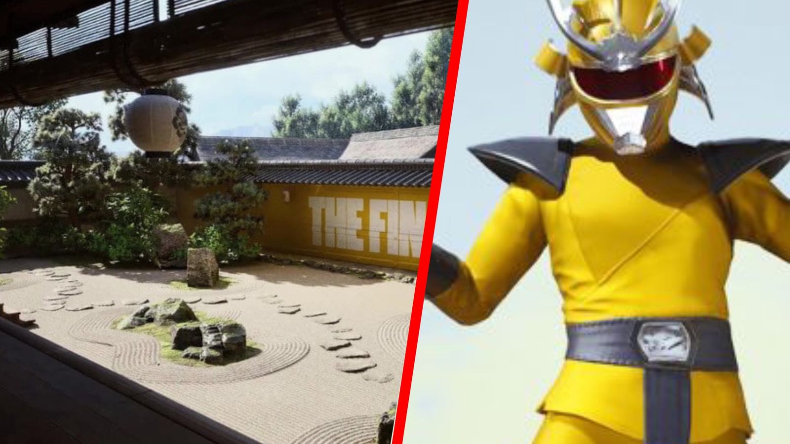 a yellow power ranger like outfit from The Finals Season 3 is standing next to a picture of Kyoto in 1568