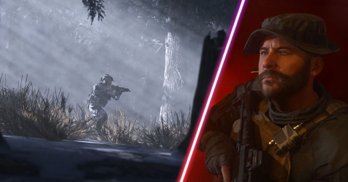 Call of Duty player moving through forest holding gun and Captain Price wearing hat on red background