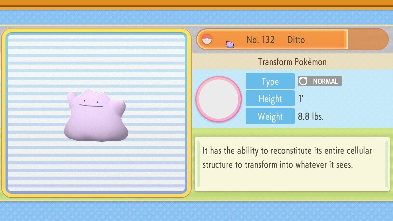 Ditto's entry in the National Pokédex in Pokémon Brilliant Diamond and Shining Pearl.