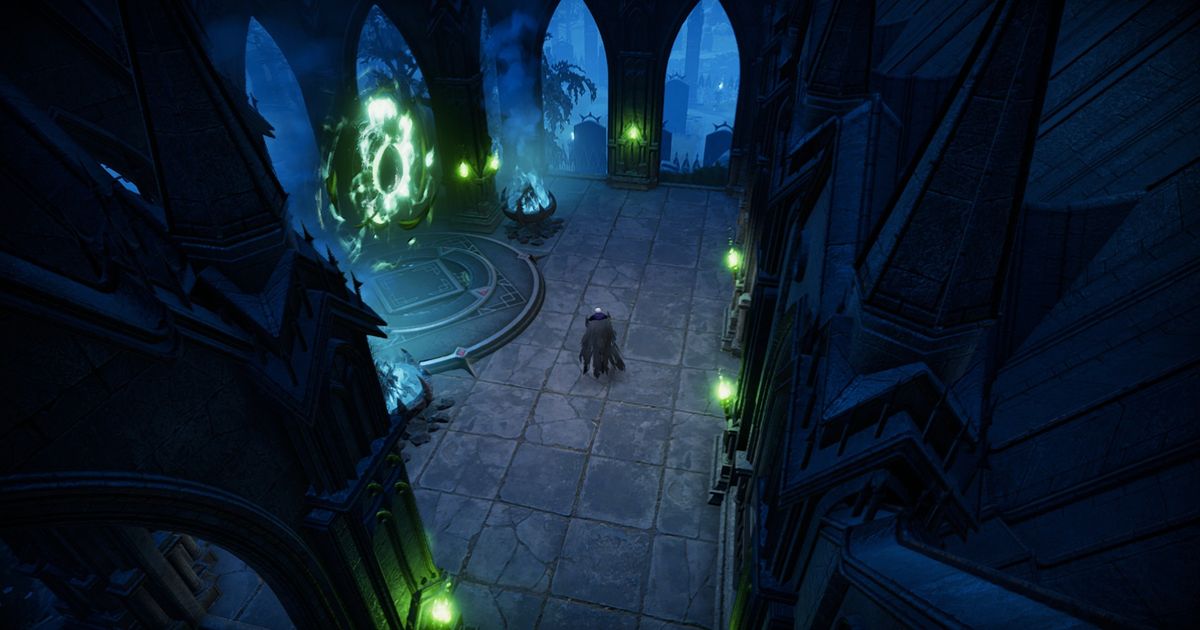 Image of a portal within the castle shrouded in green in V Rising.