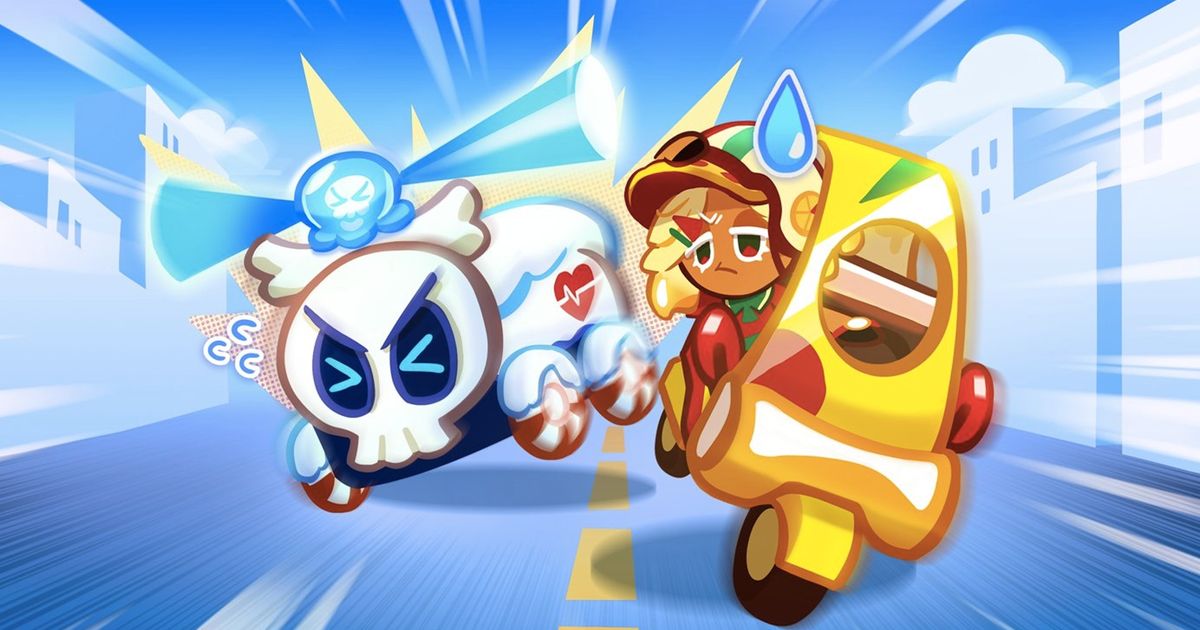 Image of a cookie running from a skull car in Cookie Run: OvenBreak.