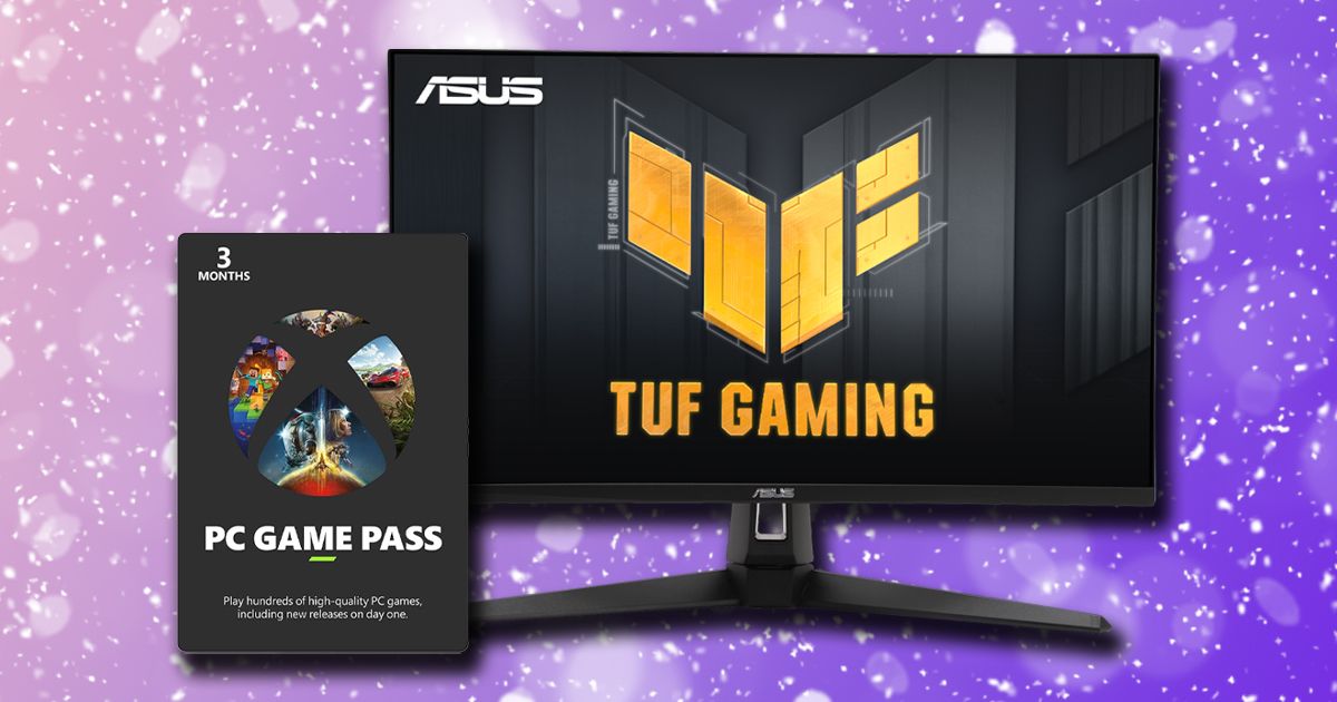 A gray PC Game Pass next to a black ASUS monitor featuring yellow TUF Gaming branding on the display. Both products are in front of a pink and purple gradient snowy background.