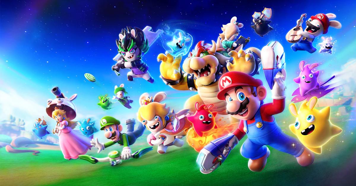 Image of Mario alongside other franchise characters in a green field in Mario and Rabbids Sparks of Hope