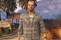 In-game image from GTA 5 of Trevor blowing up a black car while wearing a chequered shirt.