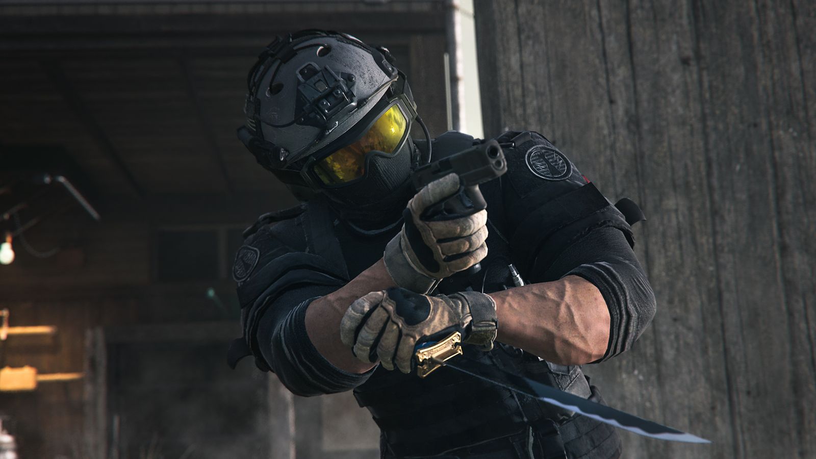 Screenshot of Warzone player holding a pistol and a knife while leaning
