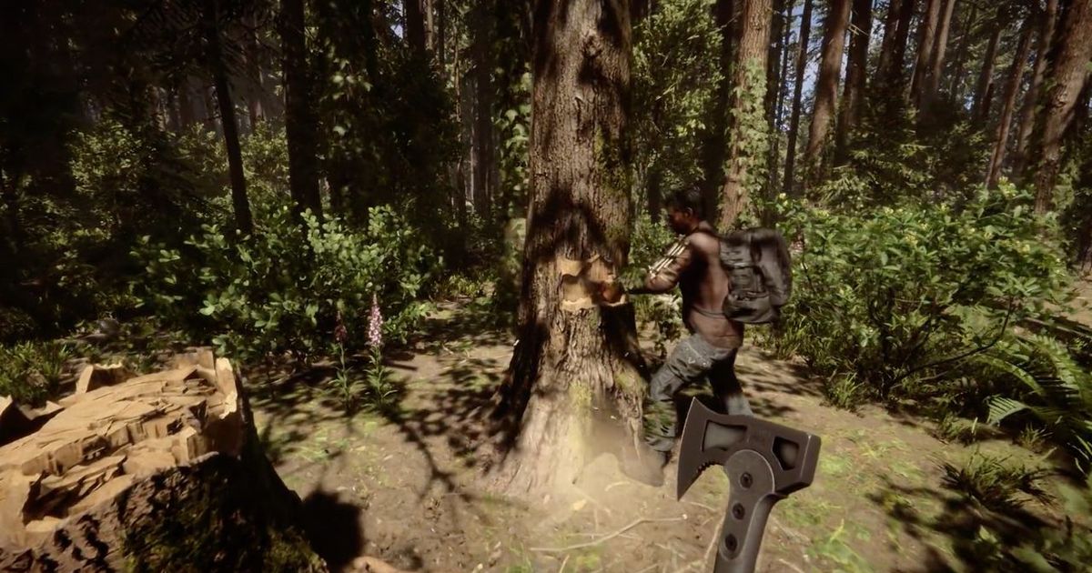 The character cuts down a tree somewhere in the forest in Sons of the Forest.