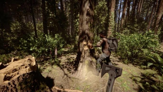 The character cuts down a tree somewhere in the forest in Sons of the Forest.