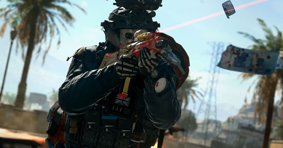 Screenshot of Warzone 2 Ghost Operator holding submachine gun with laser and aiming down sights. Money is floating nearby