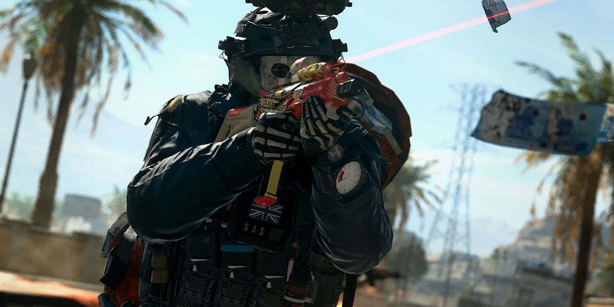 Screenshot of Warzone 2 Ghost Operator holding submachine gun with laser and aiming down sights. Money is floating nearby