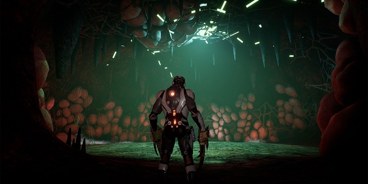 Image of the player character entering a spiders' den in Dolmen.