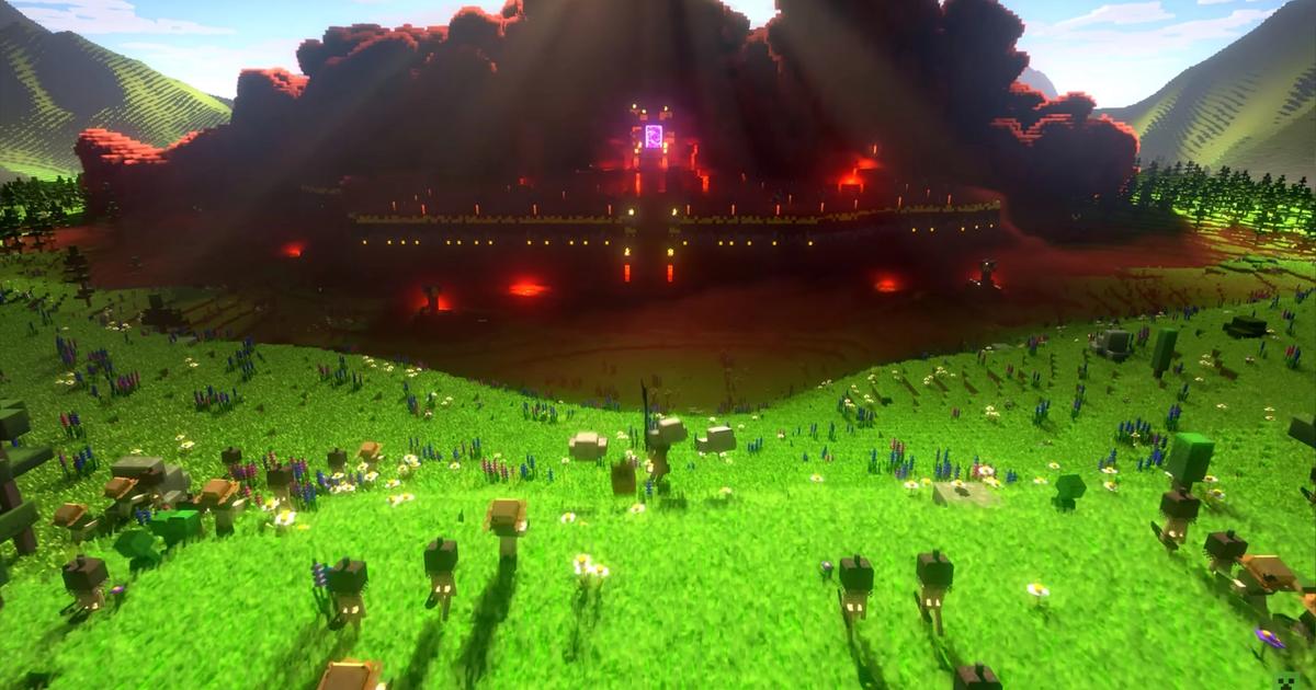 Green open fields and a Nether Portal in Minecraft Legends.