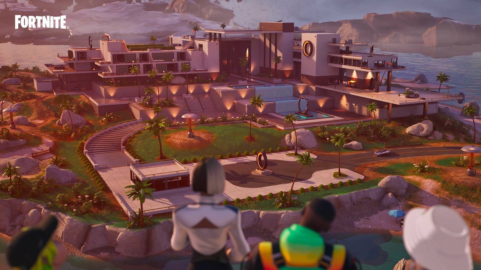 A group of characters looking at Sanguine Suites in Fortnite.