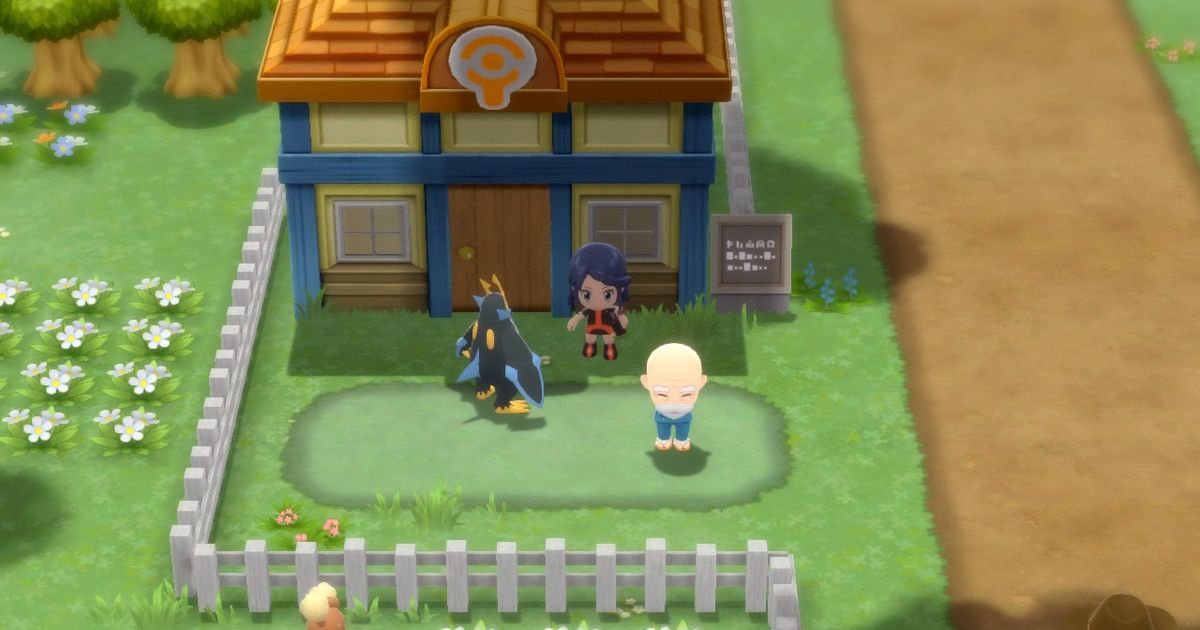 A Pokémon Trainer and their Empoleon standing outside of Solaceon Nursery in Pokémon Brilliant Diamond and Shining Pearl where players can breed Pokémon and use the Masuda Method for shiny Pokémon.
