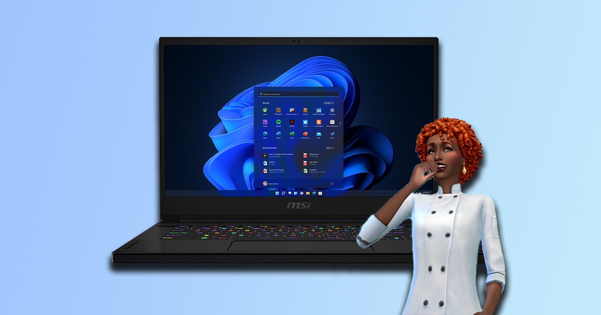 A black laptop with a Sims 4 character in a white chef's shirt next to it.