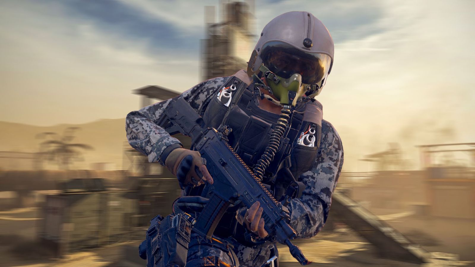 Modern Warfare 3 player holding assault rifle with blurred Rust map in background
