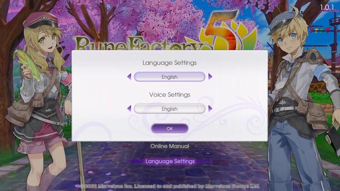 Image of the Rune Factory 5 language settings screen.