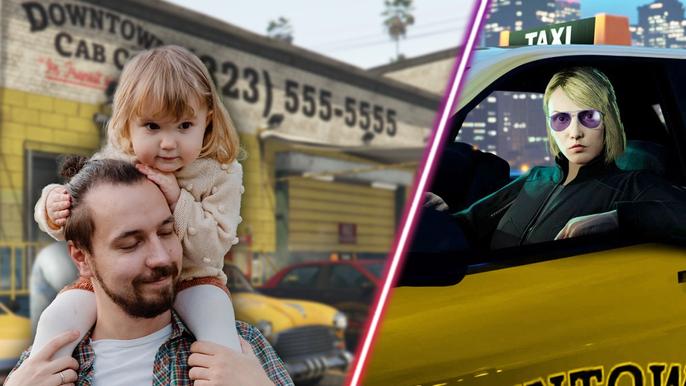A father and daughter next to one of GTA Online's taxis.