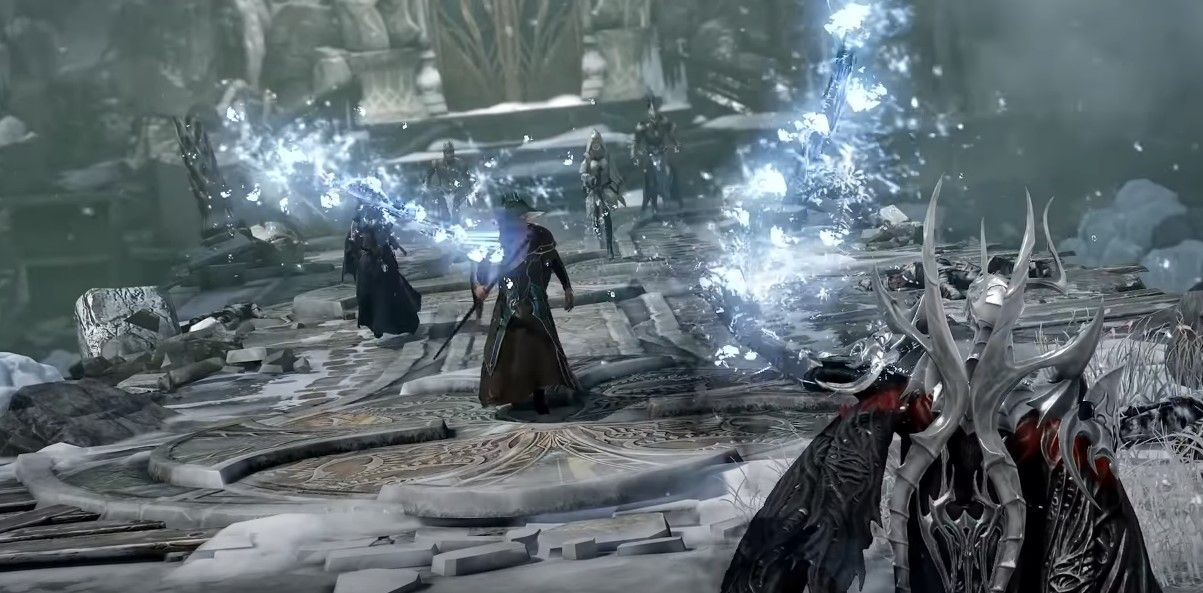 Players fight with an icy boss in Lost Ark.