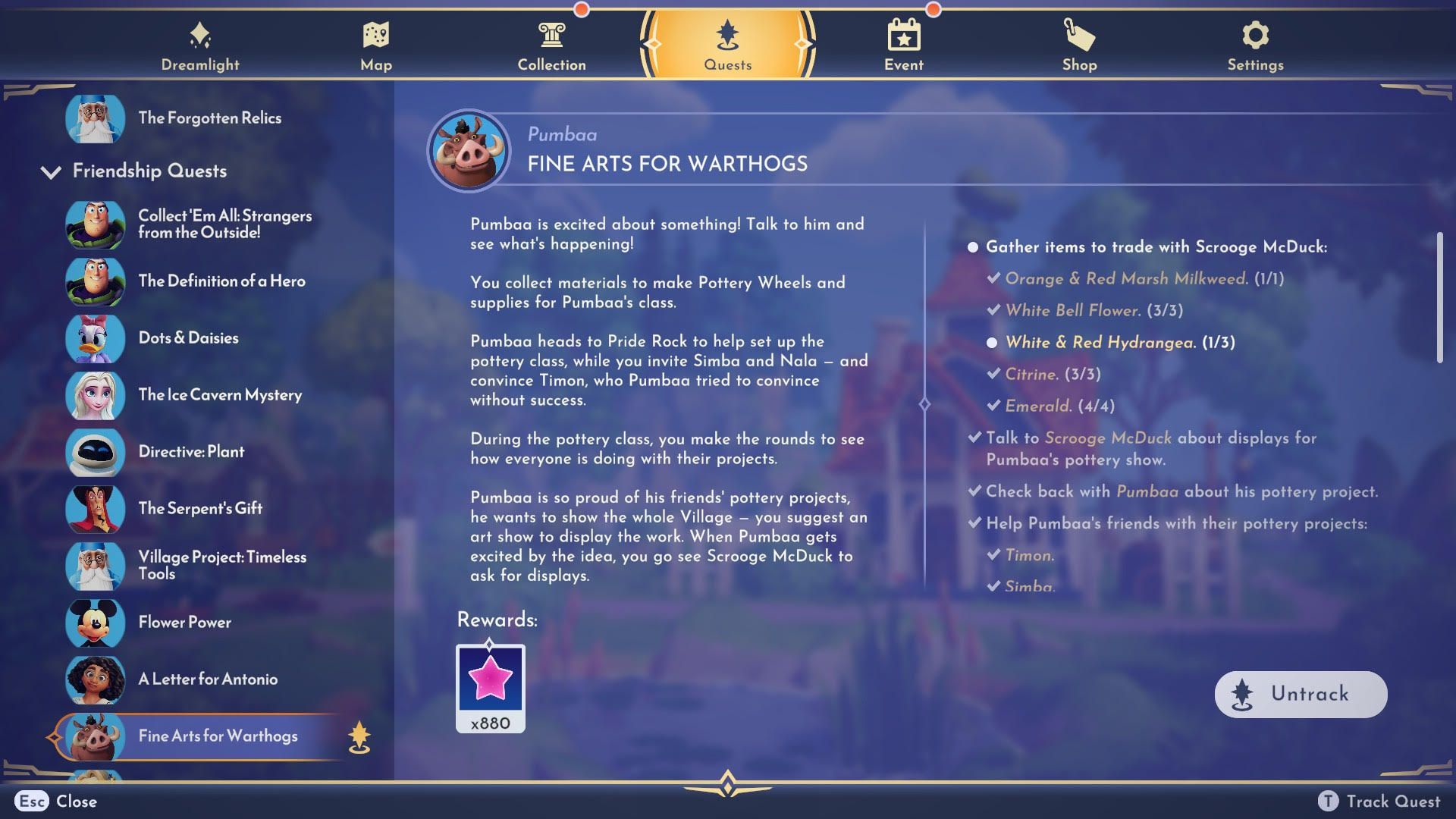 Fine Arts for Warthogs Quest Guide for Disney Dreamlight Valley